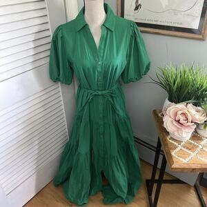 BIG HIT Womens Shirt Dress Large Kelly Green Belted Button Down Retro 50s Preppy